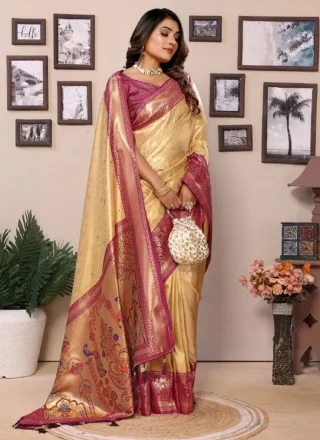 Gold Silk Jacquard Work Designer Sari for Ceremonial
