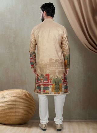 Gold Silk Kurta Pyjama with Print Work