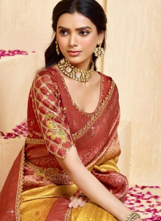 Gold Silk Patch Border, Lace, Multi, Print and Weaving Work Trendy Saree for Engagement