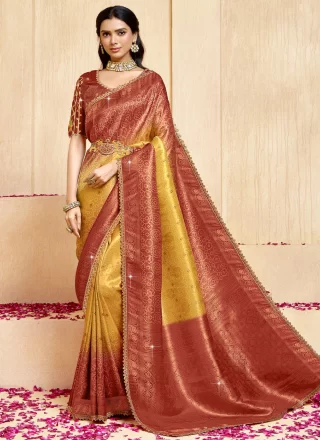 Gold Silk Patch Border, Lace, Multi, Print and Weaving Work Trendy Saree for Engagement