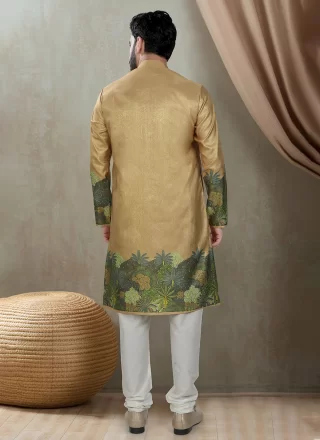 Gold Silk Print Work Kurta Pyjama