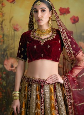 Gold Velvet Dimond, Embroidered, Stone, Thread and Zari Work Lehenga Choli for Bridal