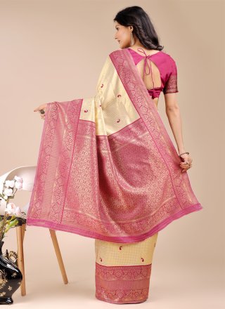 Gorgonize Cream and Magenta Banarasi Silk Trendy Saree with Patch Border and Woven Work