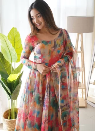 Gorgonize Multi Colour Organza Anarkali Suit with Fancy and Print Work