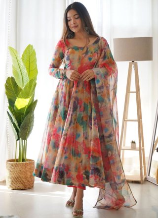 Gorgonize Multi Colour Organza Anarkali Suit with Fancy and Print Work