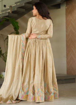 Graceful Cream Chinon  Designer Gown with Patch Border, Embroidered, Lace and Zari Work