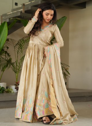 Graceful Cream Chinon  Designer Gown with Patch Border, Embroidered, Lace and Zari Work