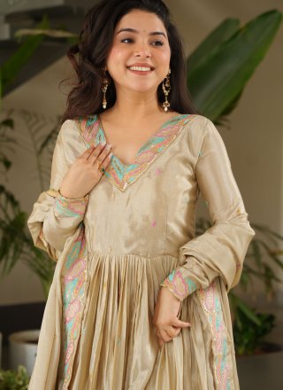 Graceful Cream Chinon  Designer Gown with Patch Border, Embroidered, Lace and Zari Work