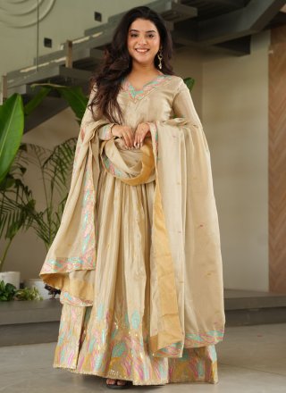 Graceful Cream Chinon  Designer Gown with Patch Border, Embroidered, Lace and Zari Work