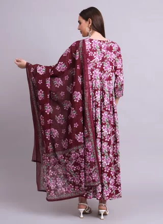 Graceful Purple Cotton Floor Length Kurti with Print Work