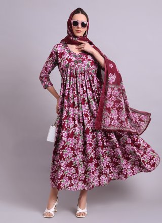 Graceful Purple Cotton Floor Length Kurti with Print Work