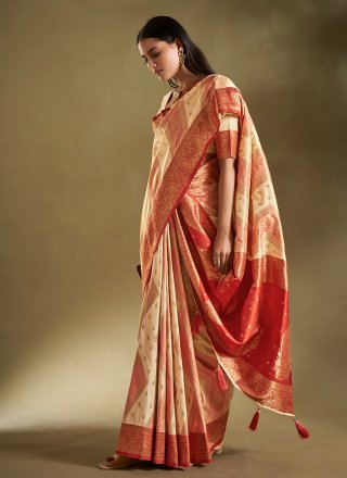 Grandiose Cream and Rust Silk Contemporary Saree with Patch Border, Plain and Weaving Work