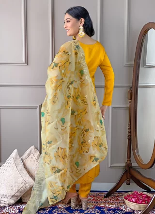 Grandiose Yellow Viscose Pant Style Suit with Embroidered and Print Work