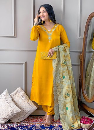Grandiose Yellow Viscose Pant Style Suit with Embroidered and Print Work