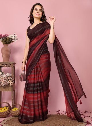 Gratifying Burgundy Silk Classic Sari with Print Work