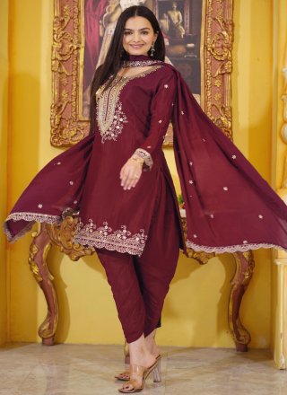 Gratifying Maroon Chinon Salwar Suit with Embroidered, Sequins and Zari Work