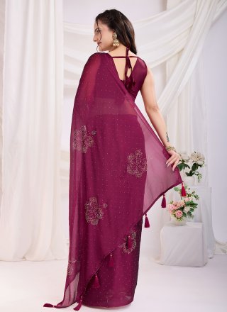 Gratifying Maroon Silk Classic Saree with Diamond Work
