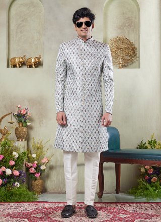 Green and Grey Art Silk Sherwani Mens Wear