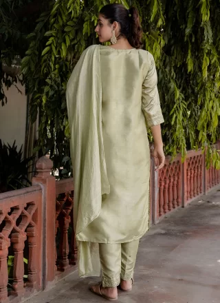 Green and Grey Cotton Embroidered, Sequins and Zari Work Salwar Suit for Casual