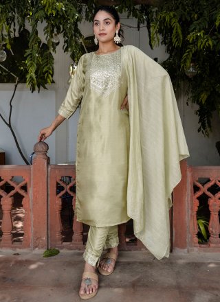 Green and Grey Cotton Embroidered, Sequins and Zari Work Salwar Suit for Casual