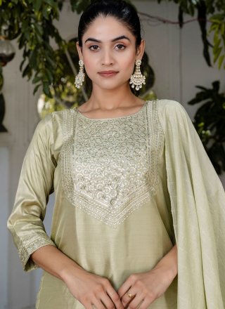 Green and Grey Cotton Embroidered, Sequins and Zari Work Salwar Suit for Casual