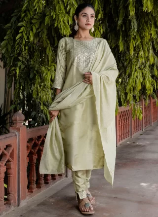 Green and Grey Cotton Embroidered, Sequins and Zari Work Salwar Suit for Casual