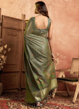 Green and Grey Cotton Print and Weaving Work Classic Sari for Ceremonial