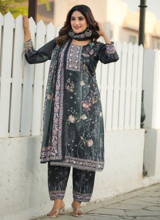 Green and Grey Digital Print and Hand Work Chinon Salwar Suit
