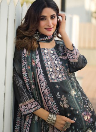 Green and Grey Digital Print and Hand Work Chinon Salwar Suit