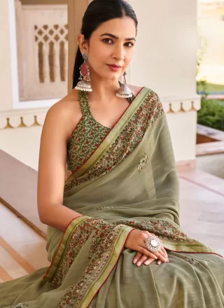 Green and Grey Georgette Contemporary Saree with Print Work