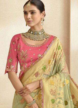 Green and Grey Silk Cut, Jacquard, Lace, Stone, Weaving and Zari Work Contemporary Sari for Ceremonial