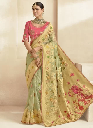 Green and Grey Silk Cut, Jacquard, Lace, Stone, Weaving and Zari Work Contemporary Sari for Ceremonial