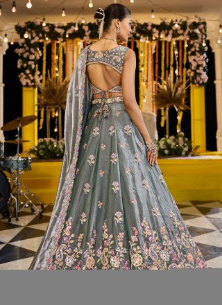 Green and Grey Tissue Beads, Embroidered, Sequins, Thread and Zari Work Readymade Lehenga Choli for Ceremonial