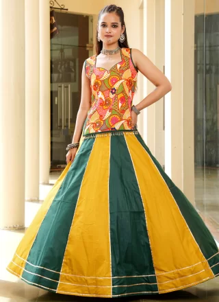 Green and Mustard Cotton Print Work Lehenga Choli for Women
