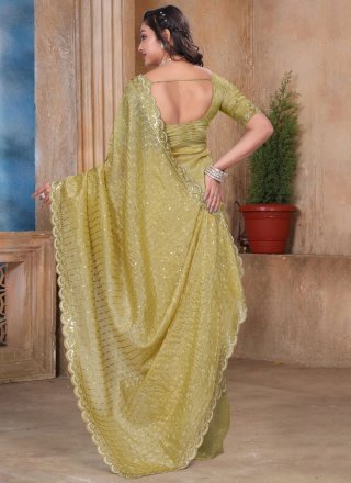 Green and Mustard Crush Trendy Saree with Embroidered, Resham and Sequins Work for Ceremonial