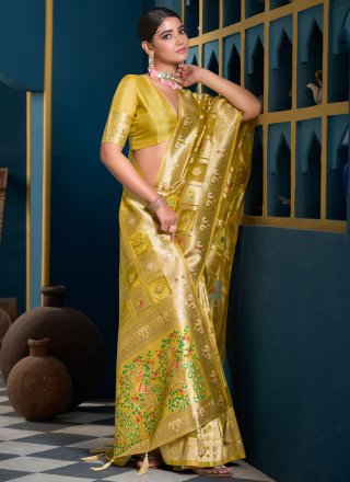 Green and Mustard Multi and Weaving Work Organza Traditional Saree