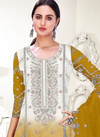 Green and Mustard Organza Salwar Suit with Embroidered and Sequins Work