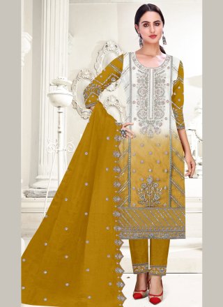Green and Mustard Organza Salwar Suit with Embroidered and Sequins Work