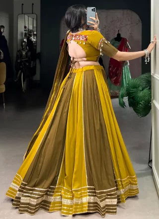 Green and Mustard Rayon Lace and Sequins Work Readymade Lehenga Choli for Women