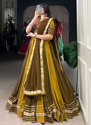 Green and Mustard Rayon Lace and Sequins Work Readymade Lehenga Choli for Women