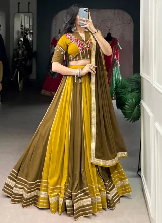 Green and Mustard Rayon Lace and Sequins Work Readymade Lehenga Choli for Women