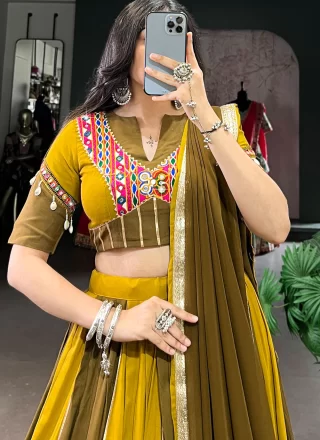 Green and Mustard Rayon Lace and Sequins Work Readymade Lehenga Choli for Women
