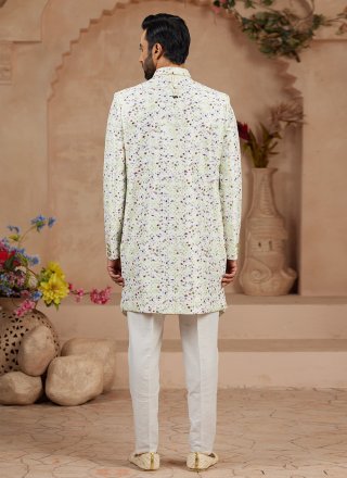 Green and Off White Banarasi Silk Indo Western Sherwani