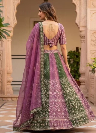 Green and Pink Chinon Lehenga Choli