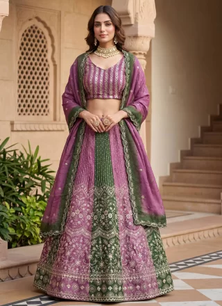 Green and Pink Chinon Lehenga Choli