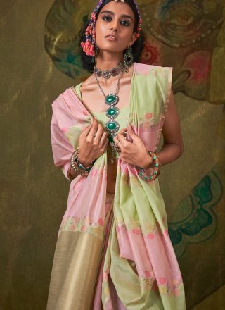 Green and Pink Handloom Cotton Weaving Work Classic Sari for Ceremonial