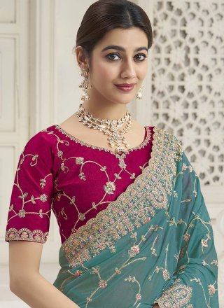 Green and Rama Georgette Cord, Embroidered, Hand, Thread, Zari and Zircon Work Contemporary Saree for Ceremonial