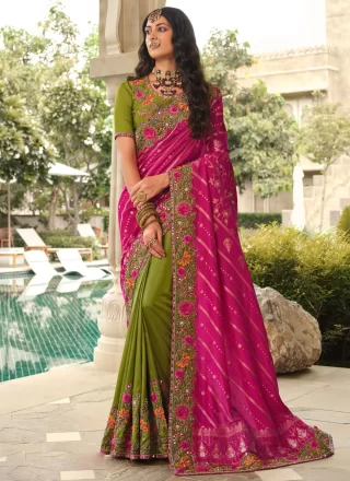 Green and Rani Silk Traditional Saree with Cut, Embroidered, Jacquard, Mirror, Moti, Thread and Zari Work