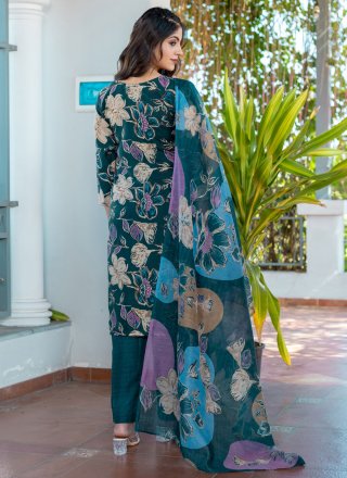 Green and Teal Blended Cotton Floral Patch and Print Work Readymade Style