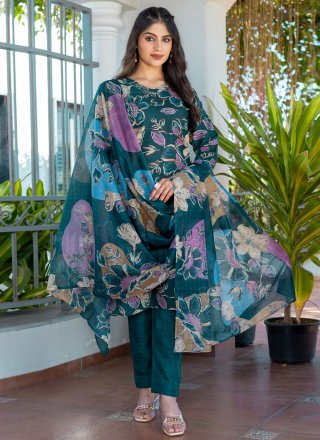 Green and Teal Blended Cotton Floral Patch and Print Work Readymade Style